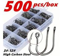 Shein 100 piezas/300 piezas/500 piezas anzuelos para pesca Iseama con barba y agujero surtidos en tamaño 3#-12# anzuelos para señuelos negros en caja