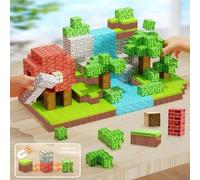 Shein 100 piezas de bloques de construcción magnéticos - Cubos con tema de bosque con castillo de ladrillos rojos, techo de madera, cascada y árboles - Jugu