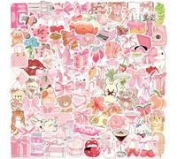 Shein 100 piezas Pegatinas estéticas de mujer Y2K de dibujos animados alegres y rosas, pegatinas de dibujos animados de animales lindos, pegatinas de vinilo