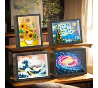 Shein 1000+ piezas Juego de pintura de bloques de construcción de arte de píxeles con marco, La Noche Estrellada de Van Gogh, La Gran Ola de Kanagawa, Giras