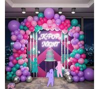 Shein 105 sets de kits de arco de globos con temática de música KPOP, que incluyen globos de látex en colores rosa, morado oscuro, morado claro y azul. Adec