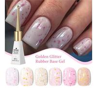 Shein 10ml 2 EN 1 Esmalte de uñas en gel con base de goma con brillo, lentejuelas de oro en polvo y foil, base autonivelante resistente a remojo para manicu