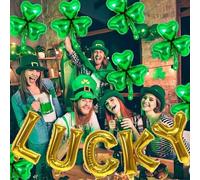 Shein 12/10/8/6/5 piezas Conjunto de globos del Día de San Patricio, globos de hoja de trébol verde con letra dorada "Lucky", decoración de fiesta de San Pa