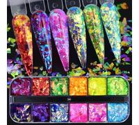 Shein 12 compartimentos Decoraciones asimétricas coloridas con lentejuelas, Confeti de caramelo brillante de sirena, Adecuado para diseño de arte de uñas, A
