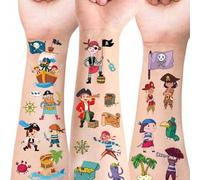Shein 12 hojas de tatuajes temporales de piratas con pegatinas, lindos tatuajes impermeables de dibujos animados Neverland Pirated Cannon Powder Jake Captai