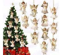 Shein 12 piezas Adornos colgantes de ángeles de madera - Ángeles blancos con campanas y cintas doradas, perfectos para decorar el hogar, ventanas, chimeneas