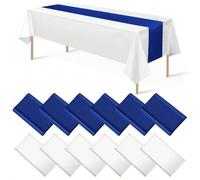 Shein 12 piezas de 12x108 pulgadas Camino de mesa de satén y 54x108 pulgadas Manteles de plástico desechables de color azul real y blanco para cubrir mesas