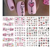 Shein 12 piezas de calcomanías de corazones rosas, arte de uñas de San Valentín, calcomanías con letras "Te amo", decoraciones de osos lindos y labios para