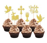 Shein 12 piezas de Decoraciones para Cupcakes con Temas Cristianos "Dios te bendiga", Selecciones de Cupcakes con Cáliz de Ángel Brillante, Cruz y Biblia, p