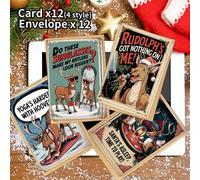 Shein 12 piezas de Tarjetas de Navidad con Sobre con Diseño Divertido de Renos, Tarjetas de Navidad con Chistes Festivos para Amigos y Familia, Tarjetas de