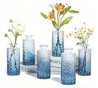 Shein 12 piezas Jarrones de vidrio azul, Jarrones de diamante pequeños, Jarrones mini para centro de mesa, Decoración de mesa para boda, fiesta, cumpleaños,