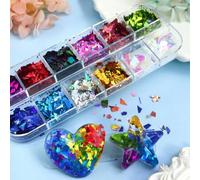 Shein 12 Rejillas/Caja Moldes de resina epoxi con escamas de brillo asimétrico holográfico, fragmentos grandes iridiscentes, charms de verano para manualida