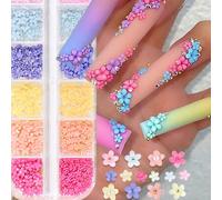 Shein 12 rejillas Decoración de arte de uñas en 3D con flores acrílicas estilo Y2K, perlas de acero multicolor con flores de diferentes tamaños para DIY, en