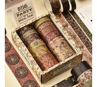 Shein 12 rollos/caja, cinta washi de paisaje retro, rollo de pegatinas con diseño de grúa de montaña floral creativa, scrapbook y decoración de envoltura de