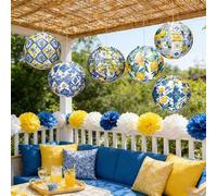 Shein 12pcs/13pcs Farolillos de Papel de Limón, Pompones de Papel de Seda Amarillo Azul Blanco, Decoraciones Colgantes de Limón Azul Amarillo de 20.32cm, Fa