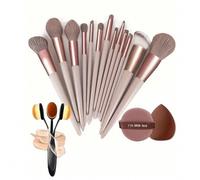 Shein 13 piezas Juego de brochas de maquillaje + 1 pieza Brocha de base #4 + 2 piezas Esponjas de maquillaje marrones para sombra de ojos, base, BB cream, c