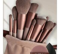 Shein 13 piezas Juego de brochas de maquillaje + 2 esponjas de maquillaje marrones, sombras de ojos, base, BB cream, brochas para corrector, herramientas de