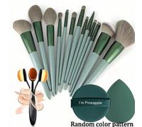 Shein 13 piezas Juego de brochas de maquillaje verdes + 1 brocha de base #4 + 2 esponjas de maquillaje de color/forma aleatoria, sombras de ojos, BB cream,