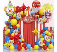 Shein 140 piezas Conjunto de arco de globos con tema de carnaval, que incluye palomitas de maíz, payaso, globos de aluminio con forma de globo aerostático,