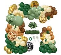 Shein 142 piezas Juego de arco de globos Jungle Wild One, globos de color verde salvia y marrón con estampado animal, hojas de palma para decoración de fies
