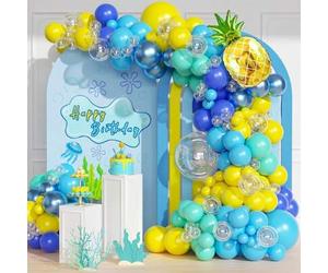 Shein 147 piezas Conjunto de corona de globos de esponja de dibujos animados, incluye globos de aluminio de piña y globos de látex amarillos, azules, transp