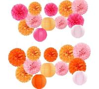 Shein 15 piezas Decoración de fiesta de moda en papel rosa-naranja - Linternas de flores - Pompones de papel para ducha, Serpentinas, Suministros colgantes
