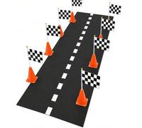 Shein 16 piezas de suministros creativos de carreras - Conos de tráfico amarillos, banderas a cuadros de carreras, tela de pista de carreras, adecuado para