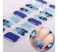Shein 16 piezas Tiras de gel de uñas de estilo chino semi curadas, diseño de mariposa de celadón azul autoadhesivo, envoltura completa de gel para uñas, man