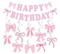 Shein 17/24 piezas Elegante pancarta de cumpleaños con lazos rosas y decoraciones espirales - Adornos colgantes de papel clásicos para celebraciones de fies