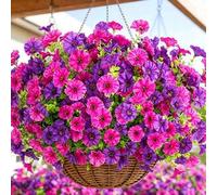 Shein 18 piezas de tallos de petunia artificial rosa y púrpura con flores realistas y hojas verdes vibrantes, petunia falsa para cesta colgante, porche, pat