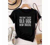 Shein 180g Camiseta de algodón puro con gráfico estampado de la frase "Old Dog, New Tricks, Learning, Mindset, Funny Quote, Humor". Ropa de diseñador con es