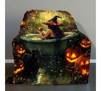 Shein 1pc Autumn Witch Bath Print Flannel Throw Blanket - Vintage Preppy Style, Halloween Theme with Witch, Black Cat & Pumpkins, Soft Cozy All-Season Blank