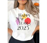 Shein 1pc Happy New Year 2025 Graphic Print T-Shirt for Women, Casual Crew Neck Short Sleeve Tee, Fashionable All-Season Knit Polyester Top with Medium Stre