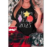 Shein 1pc Happy New Year 2025 Graphic Print T-Shirt for Women, Casual Crew Neck Short Sleeve Tee, Fashionable All-Season Knit Polyester Top with Medium Stre