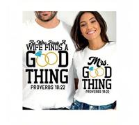 Shein 1pc Sweet Matching Couples T-Shirt - 'He Who Finds A Wife' & 'Wifey Found' Design, Cotton Blend, Casual Fit, Machine Washable - Perfect for Anniversar