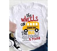 Shein 1pc The Wheels On Bus T-Shirt - Retro Style Short Sleeve Cotton Tee With Letter Print, Lightweight & Breathable, Perfect For Casual Attire, All-Season