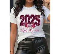 Shein 1pc Women'S 2025 Happy New Year Polyester T-Shirt - Casual Crew Neck Short Sleeve Top with Alphabet Pattern Knit Fabric for All Seasons