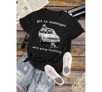 Shein 1pc Women'S Casual Crew Neck T-Shirt, Geometric-Patterned "Get in Scavenger We're Going Thrifting" Print, Polyester Knit Fabric, Regular Length, All-S