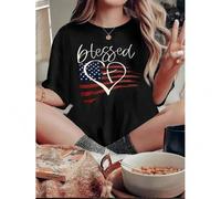 Shein 1pc Women'S Casual Crew Neck T-Shirt with American Flag Heart Design, Fashionable Short Sleeve Knit Polyester Top, Medium Stretch Comfort Fit for All