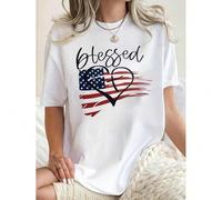 Shein 1pc Women'S Casual Crew Neck T-Shirt with American Flag Heart Design, Fashionable Short Sleeve Knit Polyester Top, Medium Stretch Comfort Fit for All
