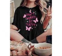Shein 1pc Women'S Casual Crew Neck T-Shirt with Pink Butterfly Print - Polyester Knit Fabric, Medium Stretch, Animal Pattern, All-Season Comfort Fit