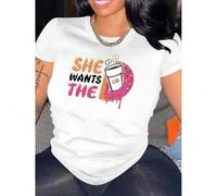 Shein 1pc Women'S Casual Crew Neck T-Shirt with "She Wants The DD" Print, Polyester Knit Fabric, Medium Stretch, All-Season Fashion Top