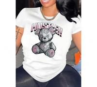 Shein 1pc Women'S Casual Polyester T-Shirt with Pink Distressed Bear Print, Crew Neck, Medium Stretch Knit Fabric, Animal Pattern, All-Season Comfort Fit