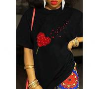 Shein 1pc Women'S Casual Round Neck Short Sleeve T-Shirt with Red Heart and Fragment Print, Polyester Knit Fabric, Lightweight 180g/m² - All Season Fashion