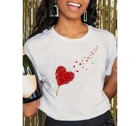 Shein 1pc Women'S Casual Round Neck Short Sleeve T-Shirt with Red Heart and Fragment Print, Polyester Knit Fabric, Lightweight 180g/m² - All Season Fashion