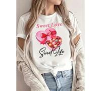 Shein 1pc Women's Casual T-Shirt with Sweet Love Heart & Chocolate Gift Box Print, Short Sleeve, Round Neck, Breathable Knit Fabric, Loose Fit for Spring/Su