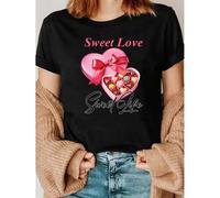Shein 1pc Women's Casual T-Shirt with Sweet Love Heart & Chocolate Gift Box Print, Short Sleeve, Round Neck, Breathable Knit Fabric, Loose Fit for Spring/Su