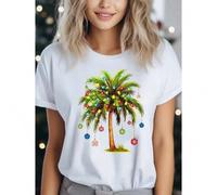 Shein 1pc Women'S Christmas Palm Tree T-Shirt, 100% Cotton Crew Neck Short Sleeve Casual Top, Festive Plant Print Knit Fabric, All-Season Comfort