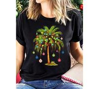 Shein 1pc Women'S Christmas Palm Tree T-Shirt, 100% Cotton Crew Neck Short Sleeve Casual Top, Festive Plant Print Knit Fabric, All-Season Comfort