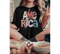Shein 1pc Women'S Fashion Casual Crew Neck T-Shirt with Fun Patriotic American Flag Print, Polyester Knit Fabric, Medium Stretch, All-Season Comfort Fit